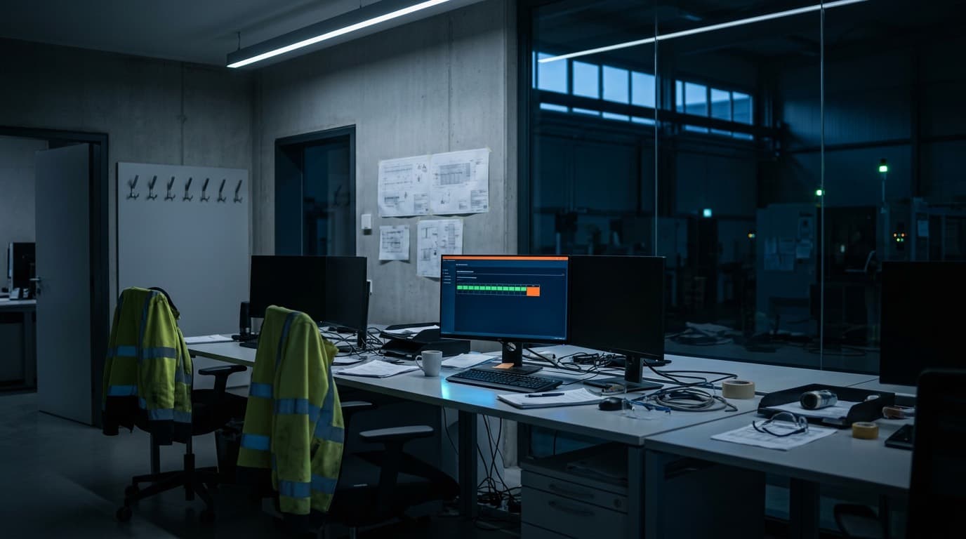 Leeres Entwicklerbüro am Freitagabend, auf einem einzelnen Monitor läuft ein Wartungslauf durch, dahinter die dunkle Maschinenhalle mit grüner Signalleuchte