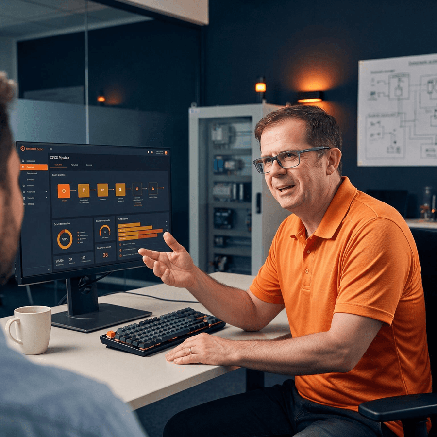 Comquent-Berater erläutert am Pipeline-Dashboard, welche Betriebsaufgaben ein Managed-CI/CD-Team übernimmt