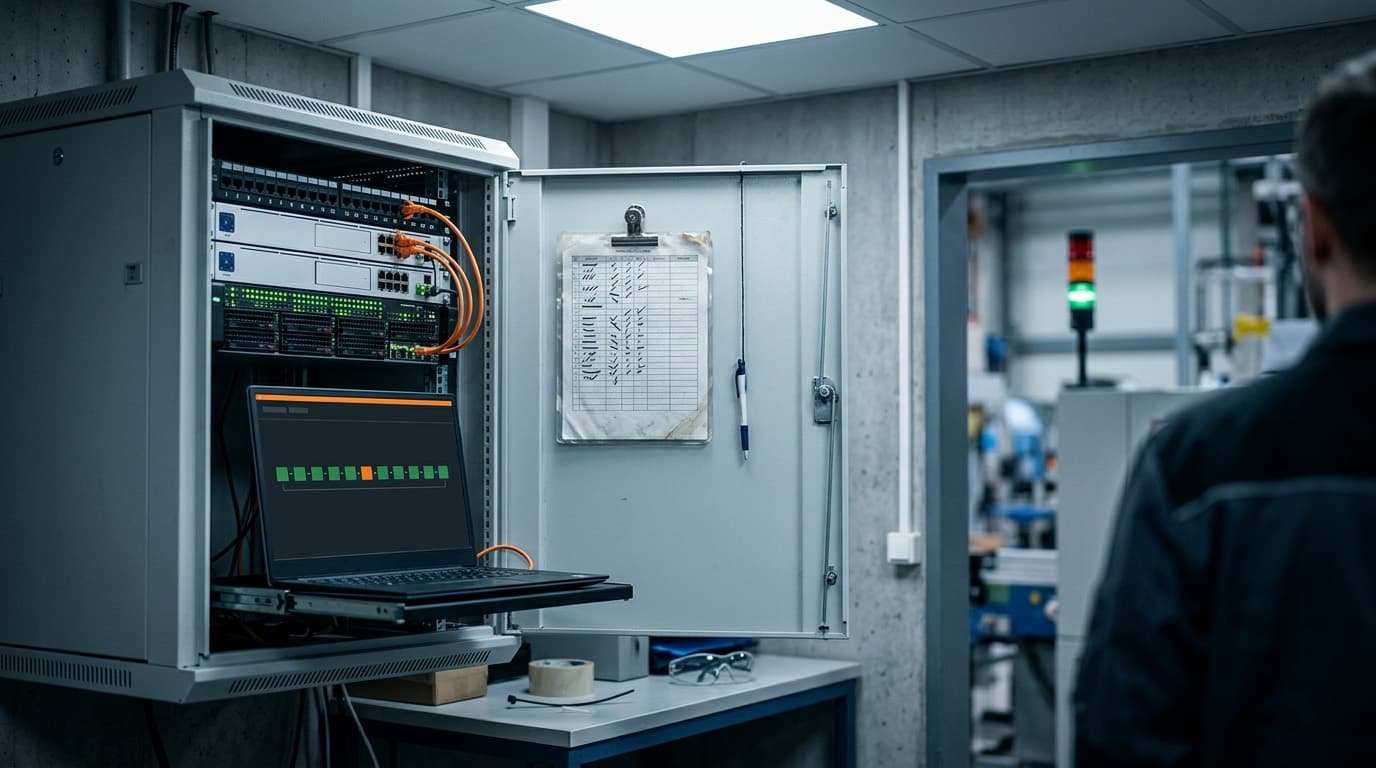 Offener Serverschrank mit Build-Server und Pipeline-Monitor, an der Tür ein abgehakter Wartungsplan, im Hintergrund die Maschinenhalle