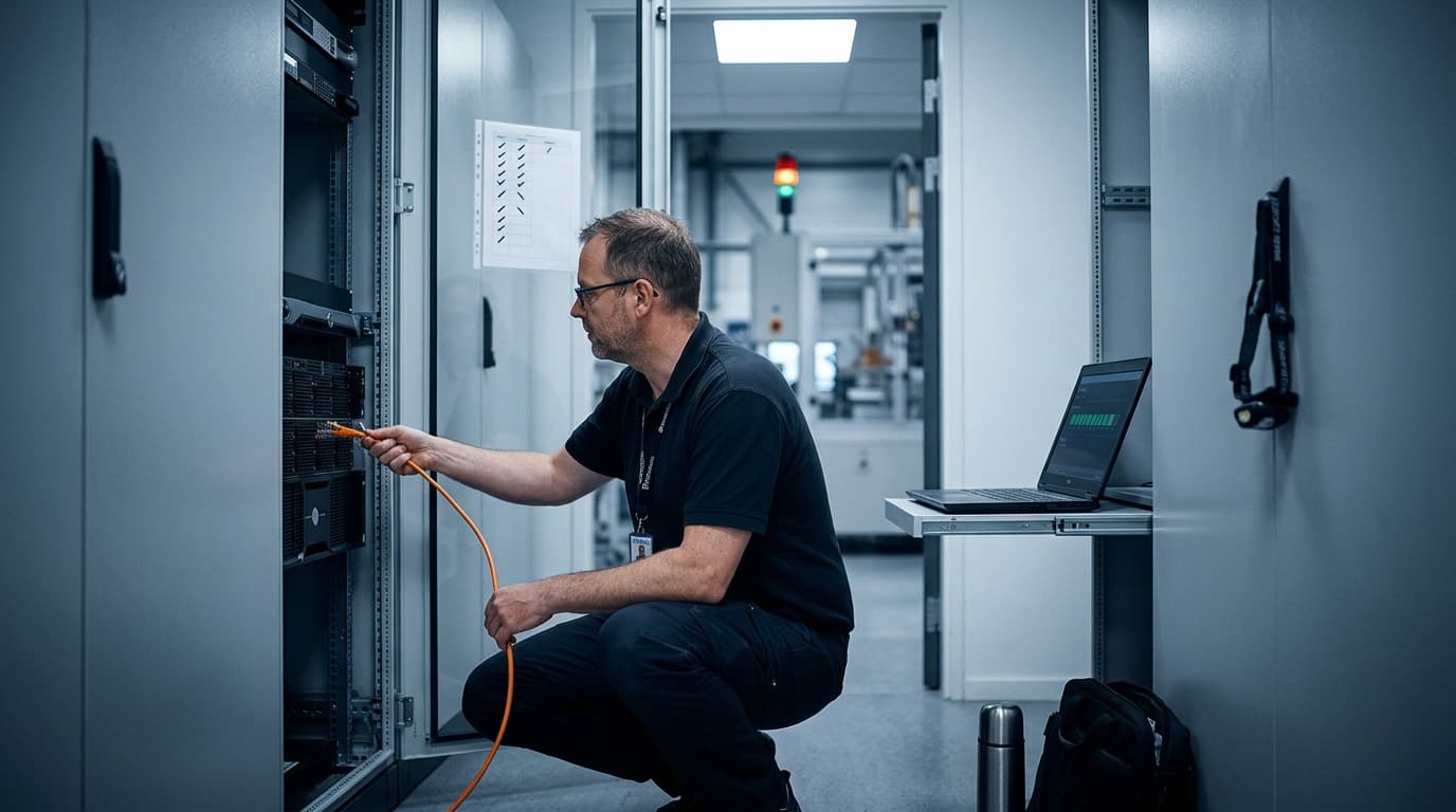 Techniker steckt im Wartungsfenster ein Netzwerkkabel am Build-Server im Serverschrank um, der Laptop daneben zeigt den Lauf der Pipeline