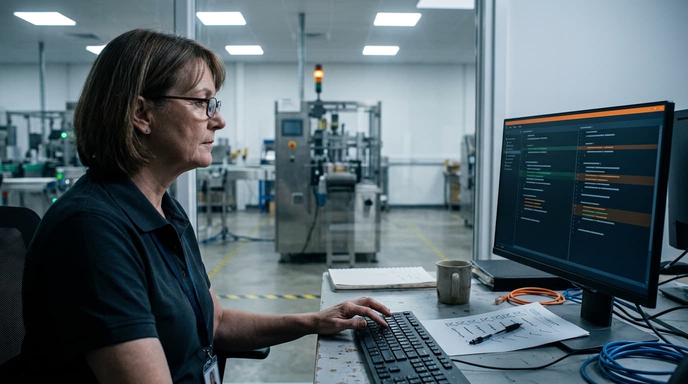 Automatisierungsingenieurin liest einen Änderungsvergleich am Bildschirm, die Hand über der Tastatur, im Hintergrund eine stehende Verpackungslinie
