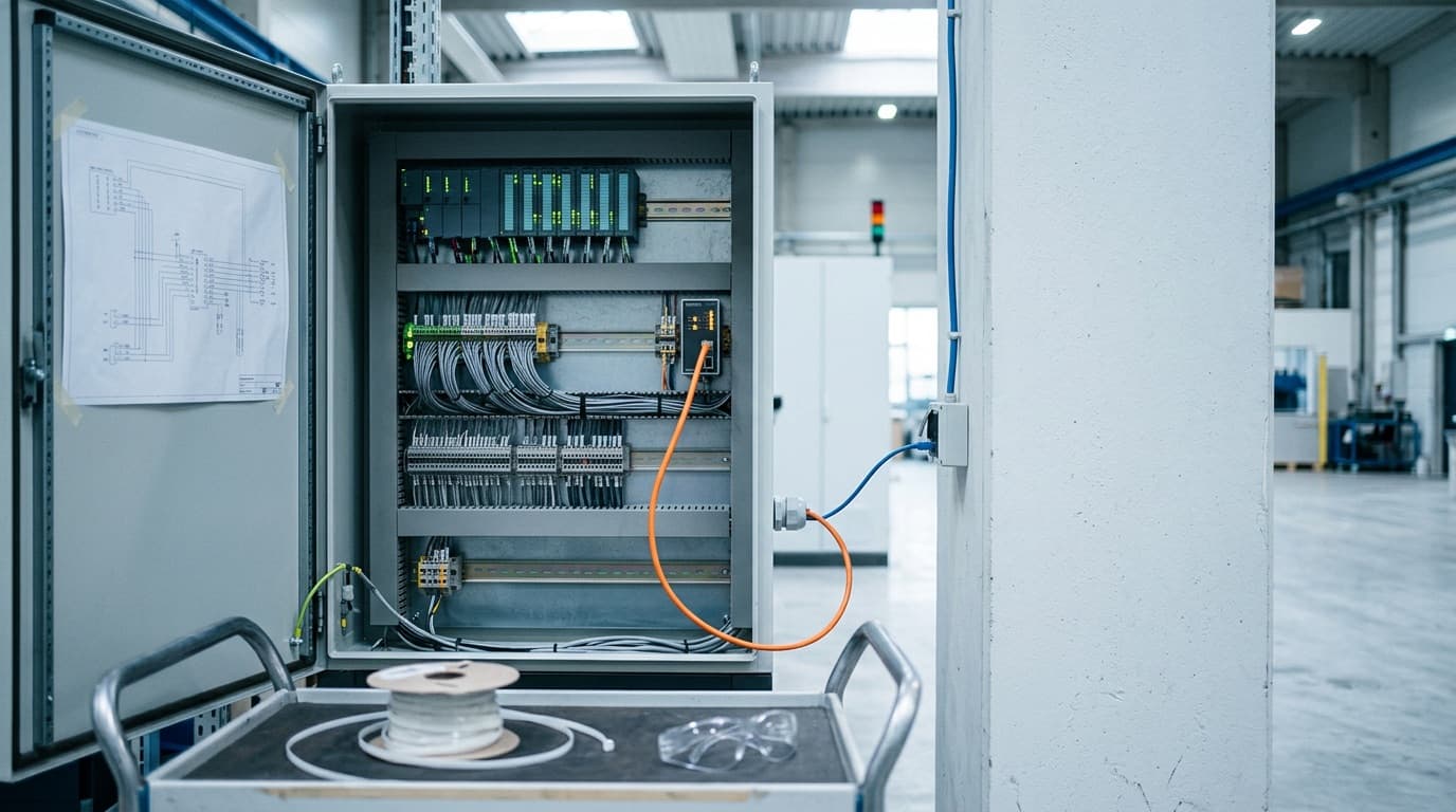 Geöffneter Schaltschrank mit SPS-Baugruppen und Edge-Gateway, ein oranges Patchkabel führt zu einer Netzwerkdose mit blauem Kabel