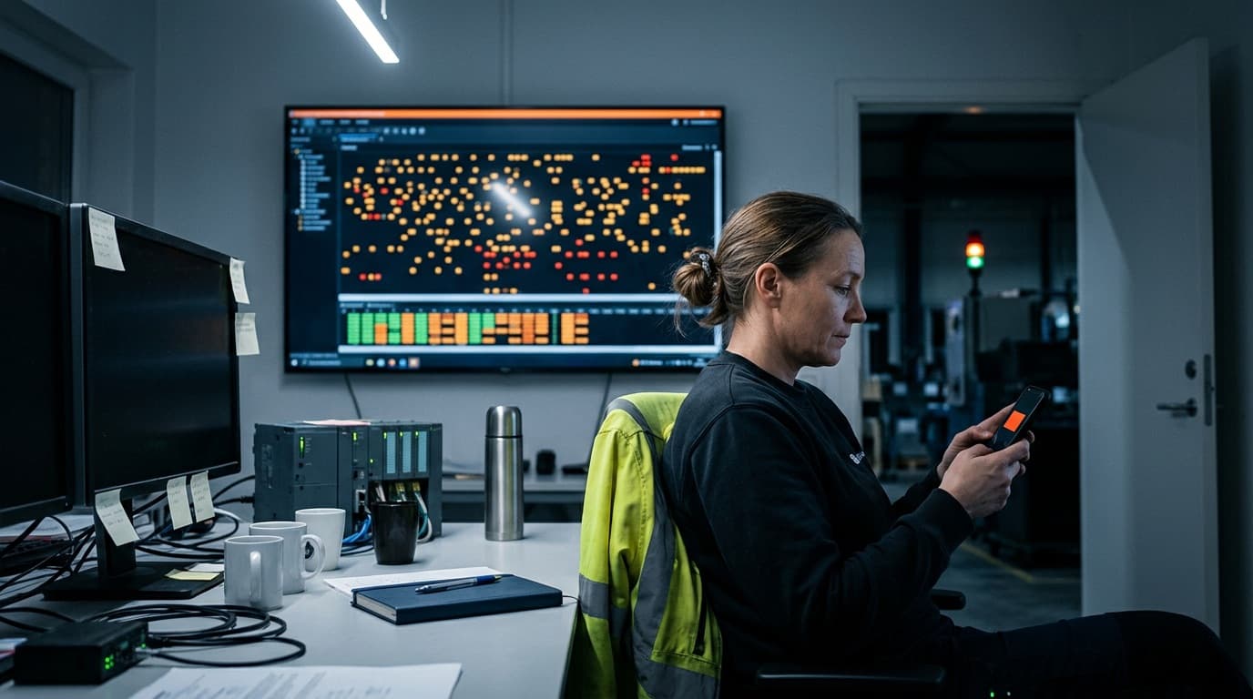 Ingenieurin in der Rufbereitschaft blickt auf ihr Telefon mit einer einzelnen orangen Meldung, hinter ihr ein Wandmonitor voller Einzelalarme
