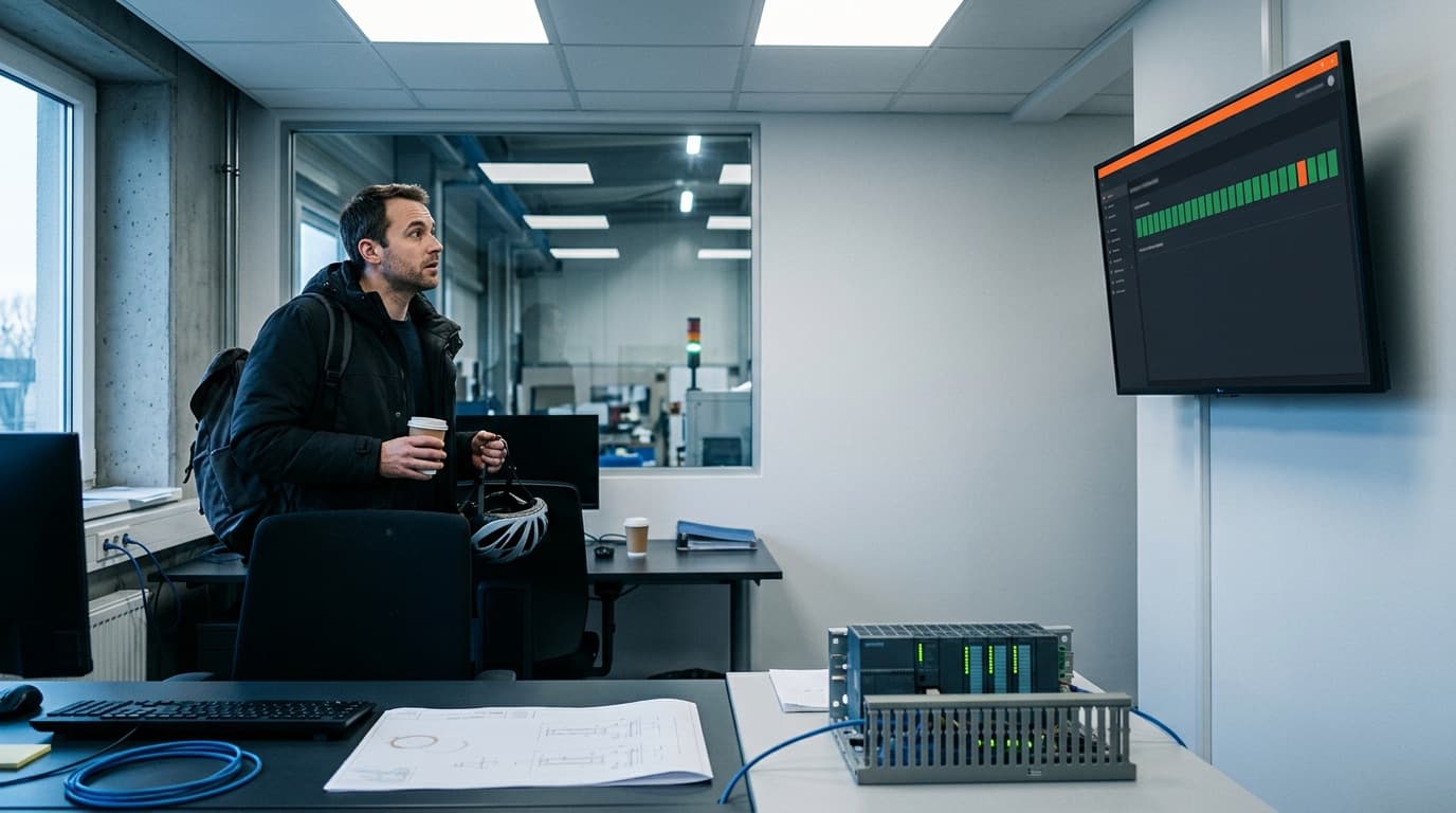 Entwickler mit Fahrradhelm und Kaffeebecher blickt morgens auf einen Build-Monitor mit einer Reihe grüner Blöcke und einem einzelnen orangen