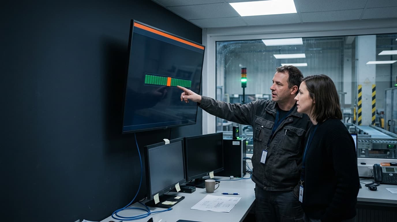 Instandhalter und Softwareentwicklerin vor einem Wandmonitor im Leitstand, darauf eine Reihe grüner Blöcke mit einem einzelnen orangen, hinter der Scheibe die Fertigungshalle