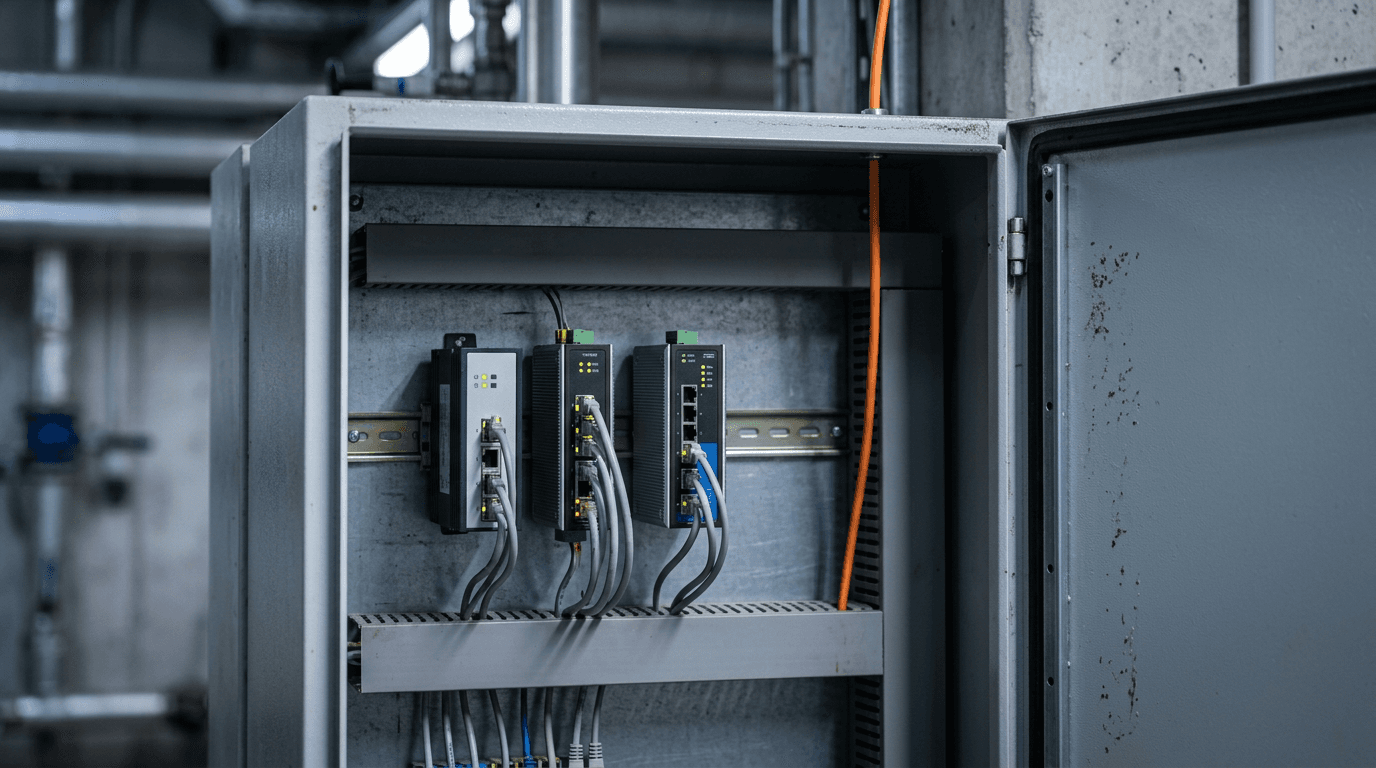 Geöffneter grauer Schaltschrank in einer Werkshalle mit drei Industrie-Netzwerkgeräten auf der Hutschiene, sauber verkabelt, ein einzelnes orangefarbenes Patchkabel führt nach oben aus dem Schrank