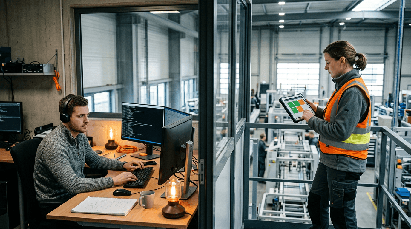 Links arbeitet ein Plattform-Engineer mit Headset an zwei Monitoren voller Terminal-Ausgaben, rechts steht eine Kollegin in Warnweste auf der Galerie über der Produktionshalle und prüft auf einem robusten Tablet grüne und orange Statuskacheln