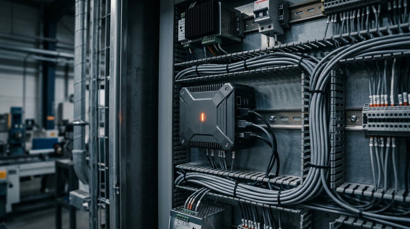 Geöffneter Schaltschrank in einer Fertigungshalle mit einem lüfterlosen Industrie-PC zwischen Kabelkanälen, Netzteilen und Reihenklemmen, eine orange Statusleuchte ist an