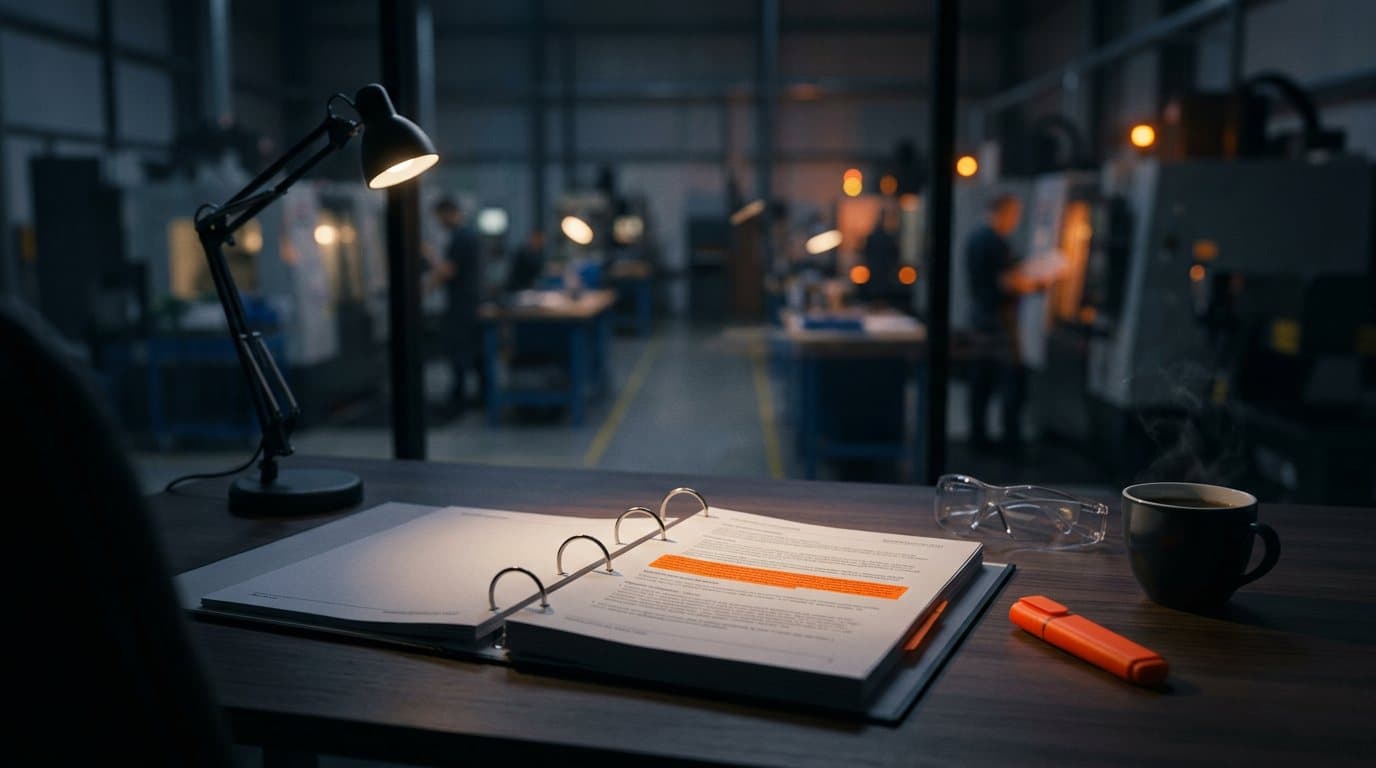 Aufgeschlagenes Lastenheft auf einem Schreibtisch im Hallenbüro, eine Passage ist orange markiert, daneben Textmarker, Schutzbrille und Kaffeetasse, im Hintergrund unscharf die Fertigung