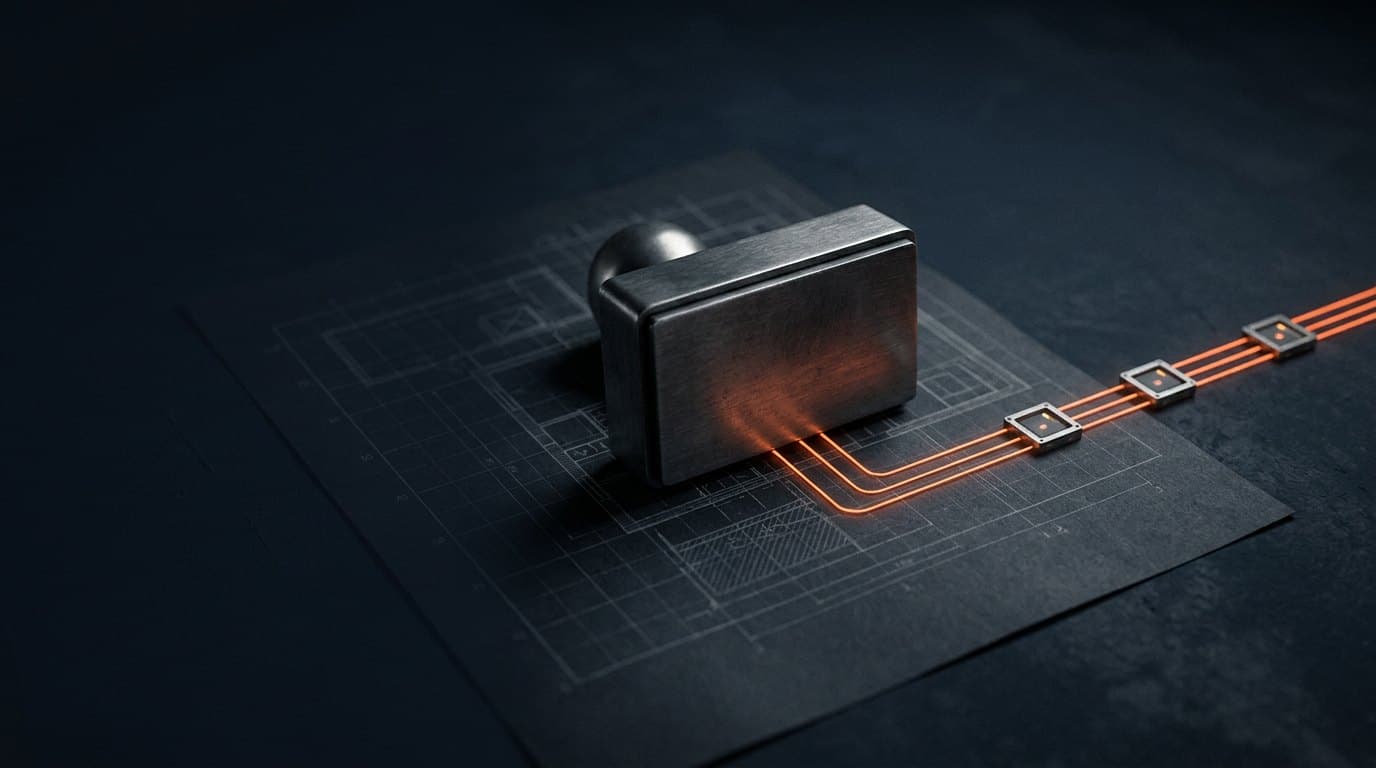 Stahlstempel auf einem technischen Bauplan, aus dem drei orange leuchtende Leitungen durch drei Prüfpunkte laufen: Sinnbild für ein Testat, dessen Nachweise in der Pipeline entstehen