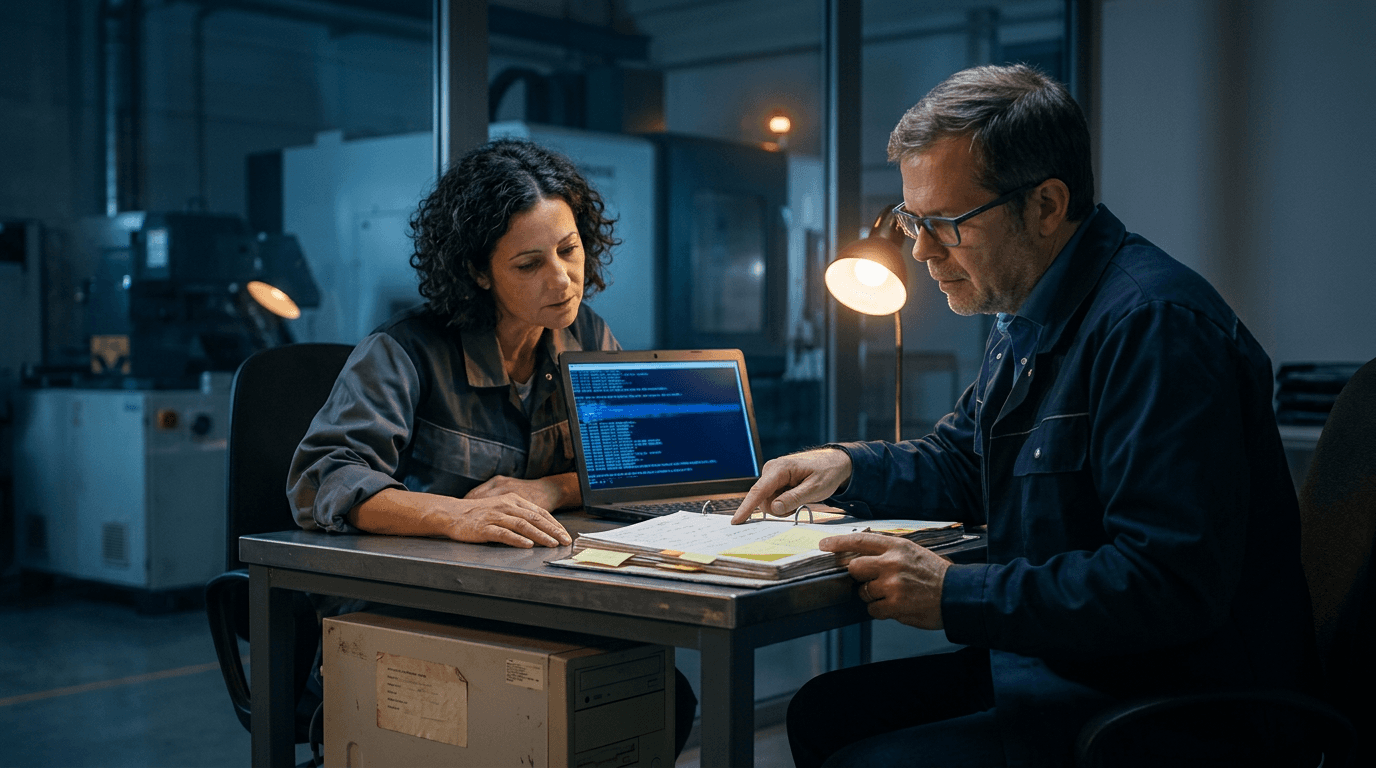 Eine Ingenieurin und ein erfahrener Techniker am Schreibtisch neben der Maschinenhalle. Er zeigt auf Notizen in einem abgegriffenen Ordner, daneben ein Laptop mit Terminal, unter dem Tisch ein alter Rechner.