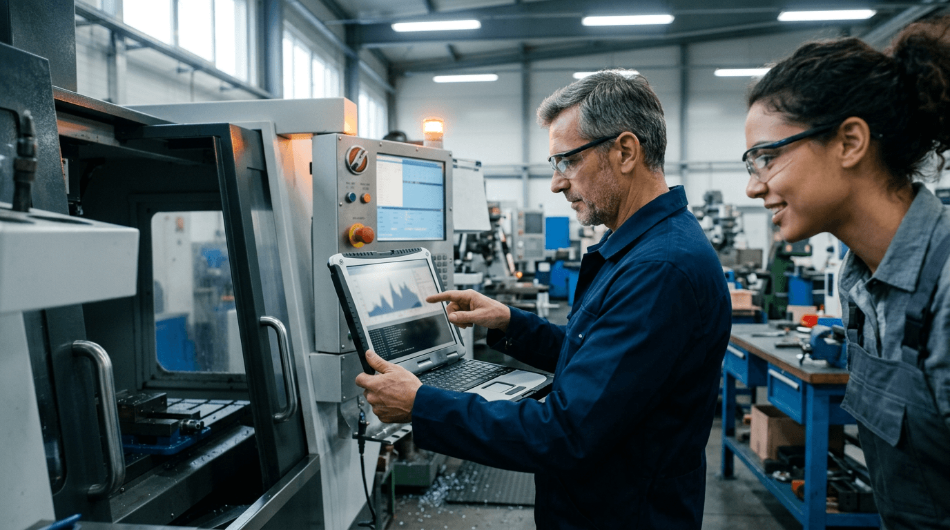 Ein Techniker zeigt an einer CNC-Maschine auf eine Auswertung in einem robusten Laptop, eine Kollegin mit Schutzbrille schaut lächelnd zu.