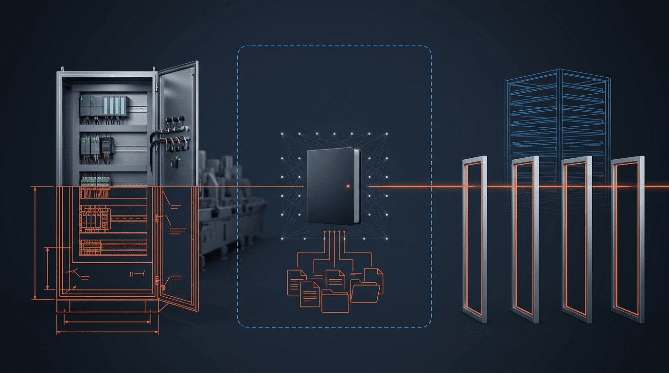 Schema: links ein Schaltschrank mit SPS-Modulen, zur Hälfte fotorealistisch, zur Hälfte als technische Zeichnung; in der Mitte eine gestrichelt gezeichnete Zonengrenze mit dem Inferenz-Gerät und einem Punktgitter für die Vektordatenbank, darunter Dokumentsymbole mit Linien, die zum Gerät führen; rechts vier Gate-Rahmen einer CI/CD-Pipeline und ein Rack als Drahtgitter. Eine durchgehende orange Linie verbindet Rack, Gates, Gerät und Schaltschrank