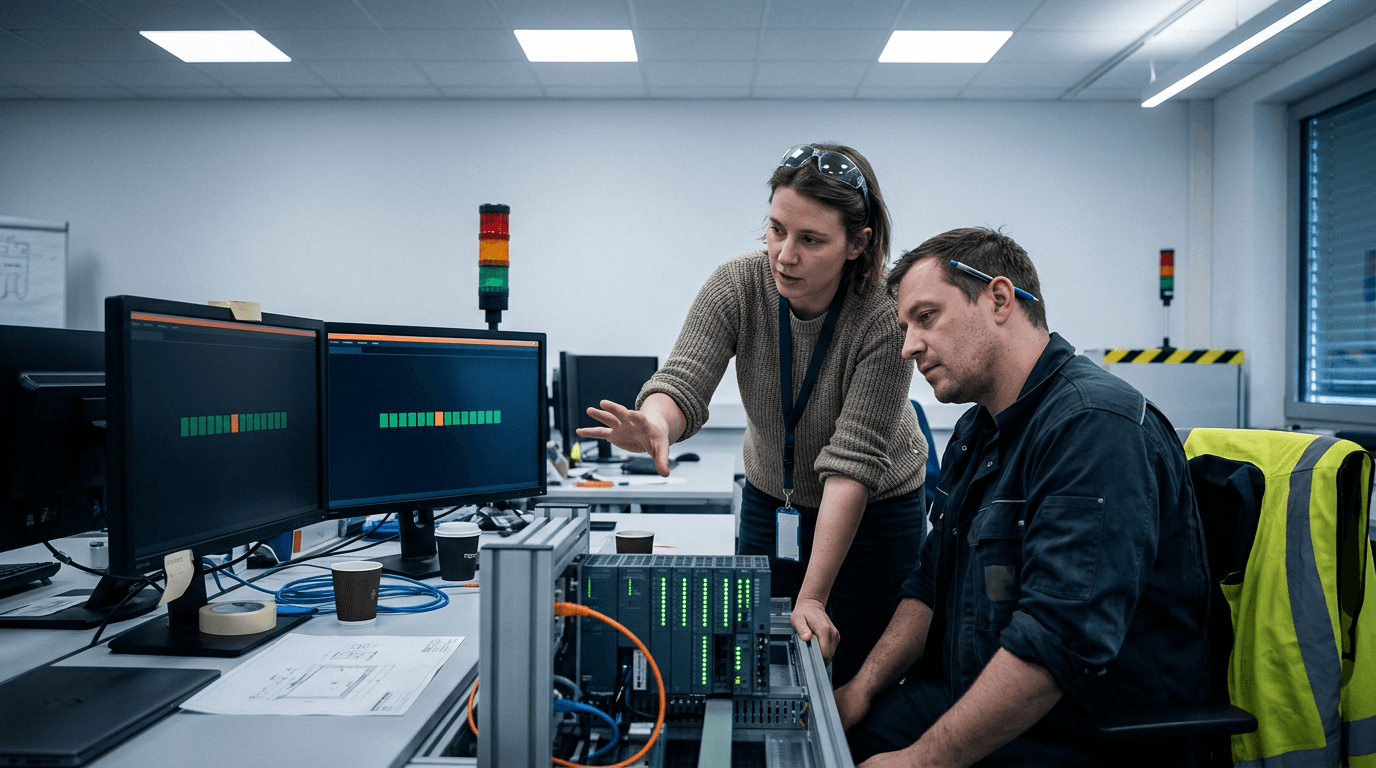 Entwicklerin und Instandhalter vor zwei Monitoren mit Pipeline-Statusleisten, auf dem Tisch ein SPS-Baugruppenträger mit grünen Status-LEDs und orangem Patchkabel, dahinter Signalsäule und gelb-schwarze Absperrung