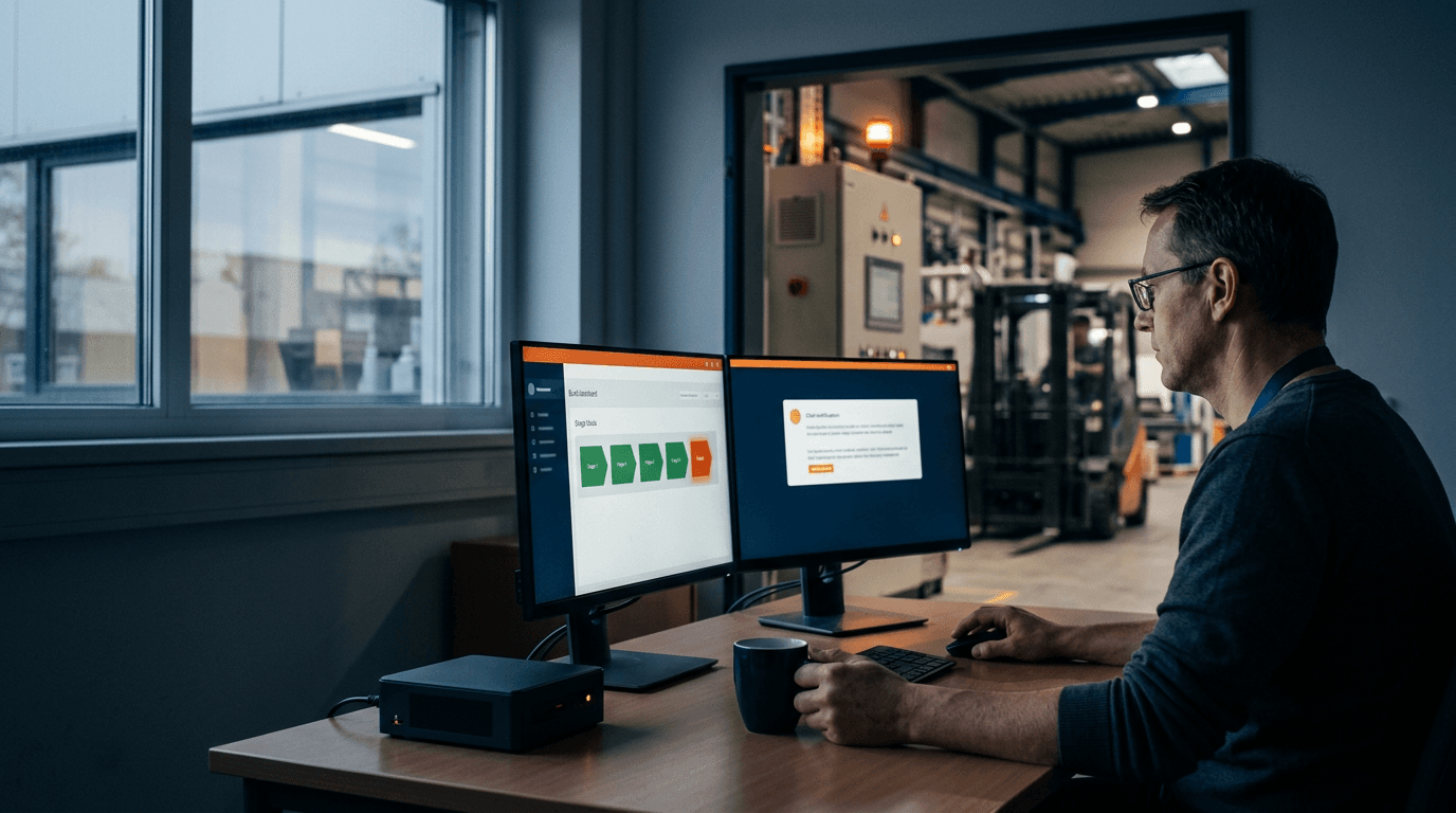 Build-Engineer am frühen Morgen vor zwei Monitoren: links die Pipeline mit einem roten Build, rechts die kurze Triage-Meldung, daneben der kompakte Inferenz-Server — durch die Tür die Fertigungshalle mit Schaltschrank und Signalleuchte