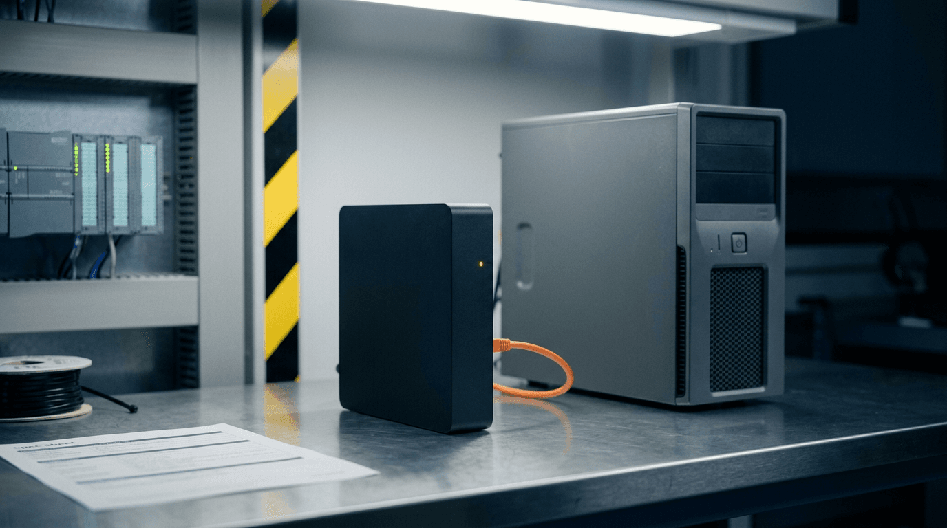 Kompakter Mini-PC mit amber Status-LED auf einer Stahl-Werkbank, per orangem Patchkabel mit einem deutlich größeren Build-Server-Tower verbunden; im Hintergrund unscharf ein Schaltschrank mit SPS-Modulen und gelb-schwarzes Warnband