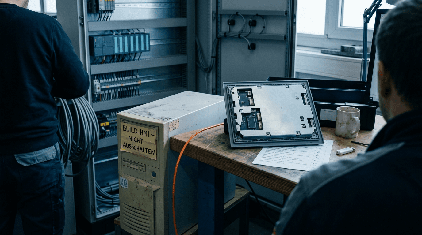Alter beiger Tower-PC mit handgeschriebenem Zettel „Build HMI, nicht ausschalten“ neben einem geöffneten HMI-Panel, einer abgehakten Komponentenliste und einem USB-Stick, im Hintergrund ein Schaltschrank mit SPS-Baugruppen