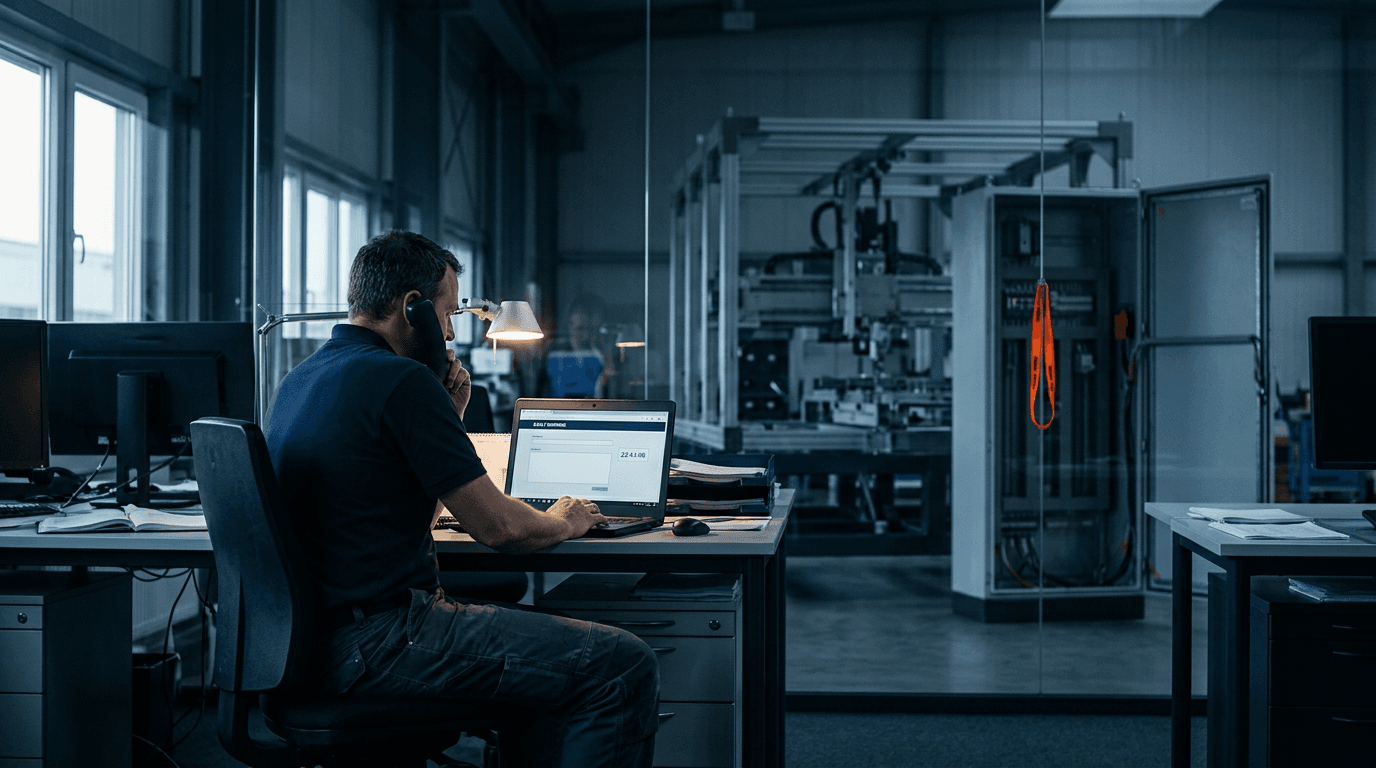Ein Servicetechniker telefoniert am späten Nachmittag im Konstruktionsbüro, auf seinem Laptop ist ein Formular für eine Frühwarnung mit laufendem Countdown geöffnet, hinter der Glaswand steht eine halb montierte Maschine mit offenem Schaltschrank
