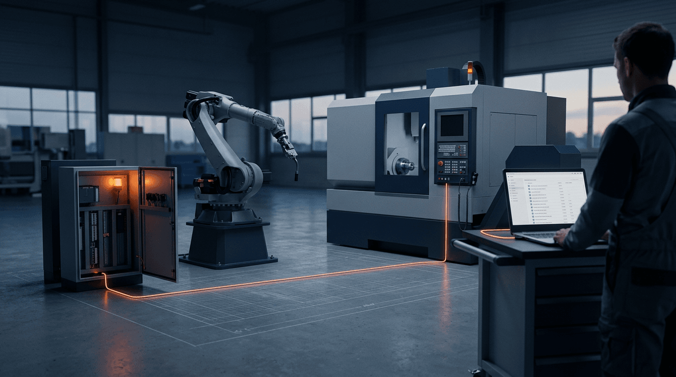 Montagehalle in der Abenddämmerung: Ein Industrieroboter und ein Bearbeitungszentrum sind über eine leuchtend orange Leitung mit einem offenen Schaltschrank und einem Laptop verbunden, auf dem ein Techniker die Liste der Software-Komponenten prüft