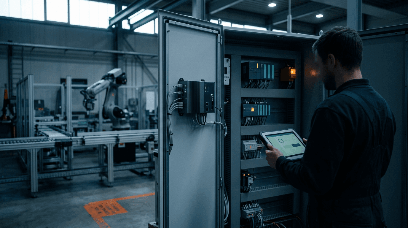 Ein Instandhalter steht in einer Fertigungshalle vor einem geöffneten Schaltschrank, in dem neben SPS-Baugruppen ein kompakter Edge-Server mit grünen Status-LEDs hängt, auf seinem Tablet zeigt ein Dashboard grüne Statusanzeigen, im Hintergrund ein Roboterarm und ein Förderband