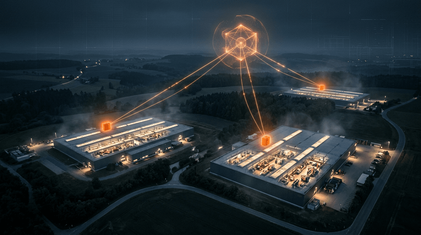 Luftaufnahme bei Nacht: drei Fabrikhallen in ländlicher Umgebung, auf jedem Dach ein orange leuchtender Edge-Schrank, von dem Lichtlinien zu einem schwebenden Repository-Symbol über der Landschaft führen. Durch die Oberlichter sind beleuchtete Fertigungslinien zu sehen