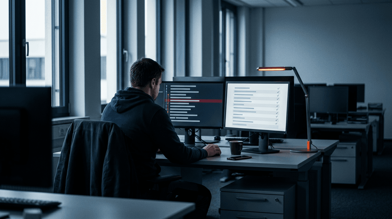 Ein DevOps-Engineer sitzt an einem Samstag allein im leeren Großraumbüro vor zwei Monitoren, links eine Commit-Historie mit einem rot markierten Eintrag, rechts eine lange Checkliste mit abgehakten Zugangsdaten, daneben Kaffeetasse, Smartphone und eine orange leuchtende Schreibtischlampe