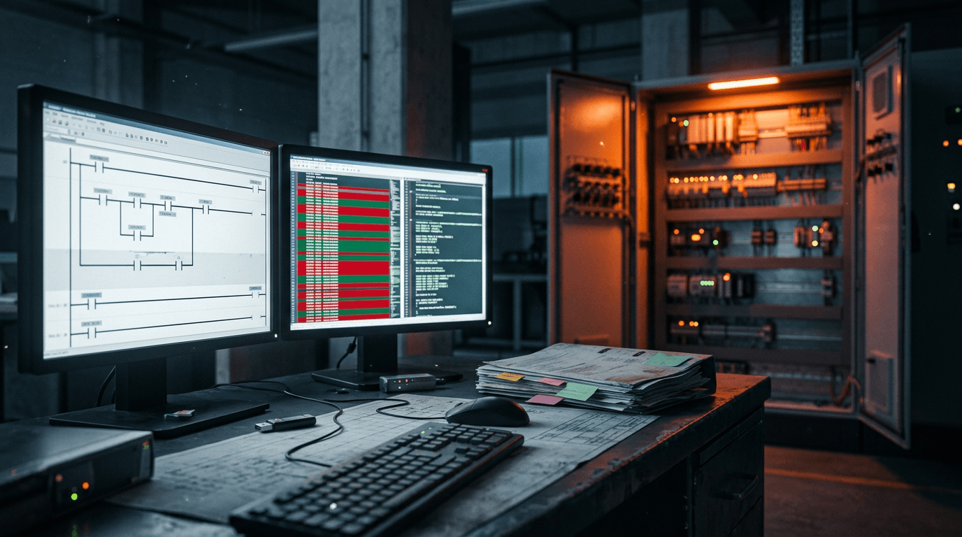 Arbeitsplatz eines Automatisierers bei Nacht: links ein Monitor mit Kontaktplan, rechts ein Monitor mit rot und grün markierten Code-Zeilen eines Vergleichs, davor ein USB-Stick und ein Stapel Ordner mit Haftnotizen, im Hintergrund ein geöffneter, beleuchteter Schaltschrank