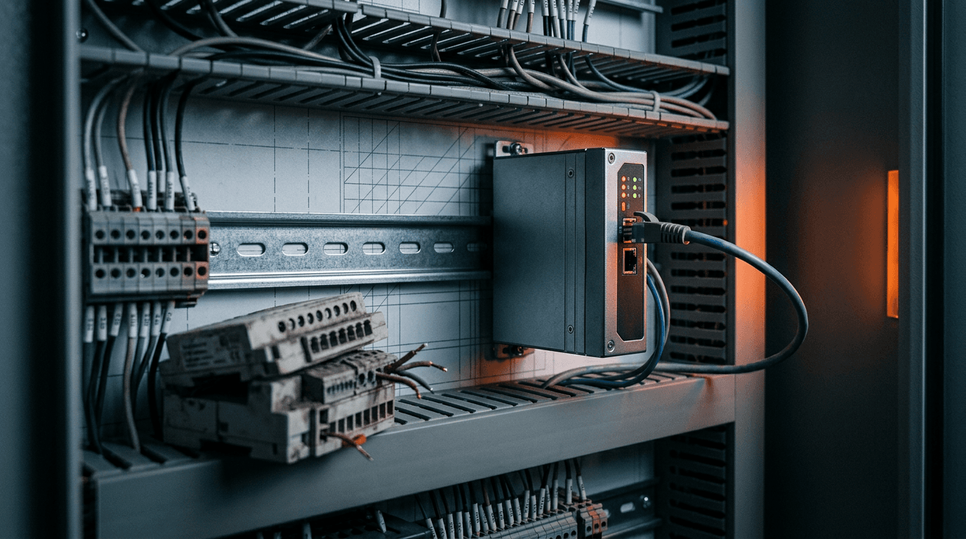 Nahaufnahme in einem Schaltschrank: Ein kompakter Industrie-PC mit grünen und orangen Status-LEDs sitzt auf der Hutschiene, ein Netzwerkkabel führt heraus, daneben liegen ausgebaute Klemmen- und Steuerungsmodule