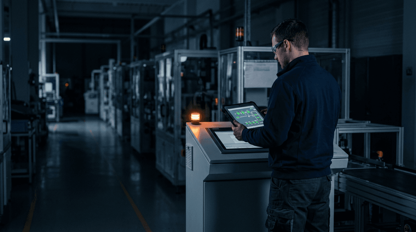 Techniker in einer ruhenden Fertigungslinie bei Nacht, der am Bedienpult ein Tablet mit einer vollständig grünen Pipeline hält, während eine einzelne orange Signalleuchte brennt