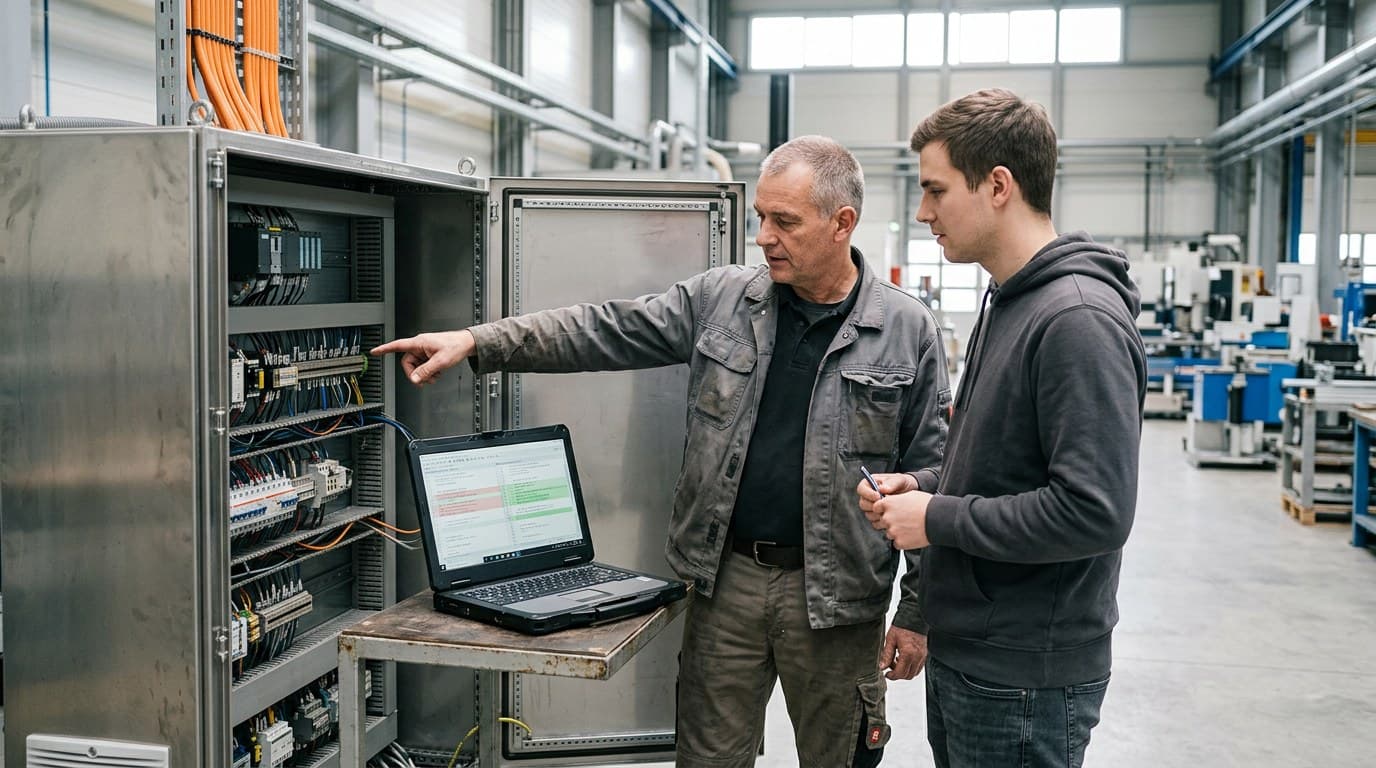 Ein erfahrener SPS-Programmierer in grauer Arbeitsjacke zeigt an einem offenen Schaltschrank auf eine Klemmleiste, daneben hört ein jüngerer Software-Entwickler im Hoodie zu. Auf einem Laptop vor dem Schrank ist ein Code-Diff mit roten und grünen Zeilen geöffnet