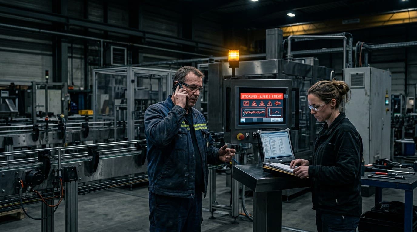 Nachtschicht in einer Produktionshalle, eine Verpackungslinie steht still. Ein Instandhalter telefoniert vor einem Bedienpanel mit roter Störungsmeldung, eine Automatisierungsingenieurin sucht auf einem robusten Laptop in einer Dateiliste. Über dem Panel leuchtet eine orange Signalleuchte