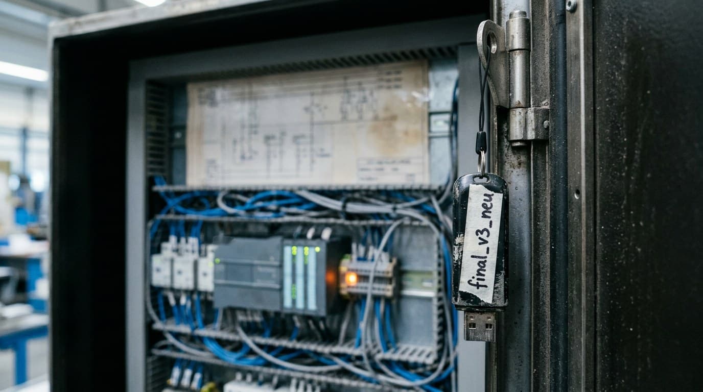 Ein abgegriffener USB-Stick hängt an einer Schlaufe am Scharnier eines offenen Schaltschranks, auf dem Klebeband steht handschriftlich final_v3_neu. Dahinter unscharf eine SPS mit grünen Status-LEDs, blaue Verdrahtung und ein vergilbter Schaltplan