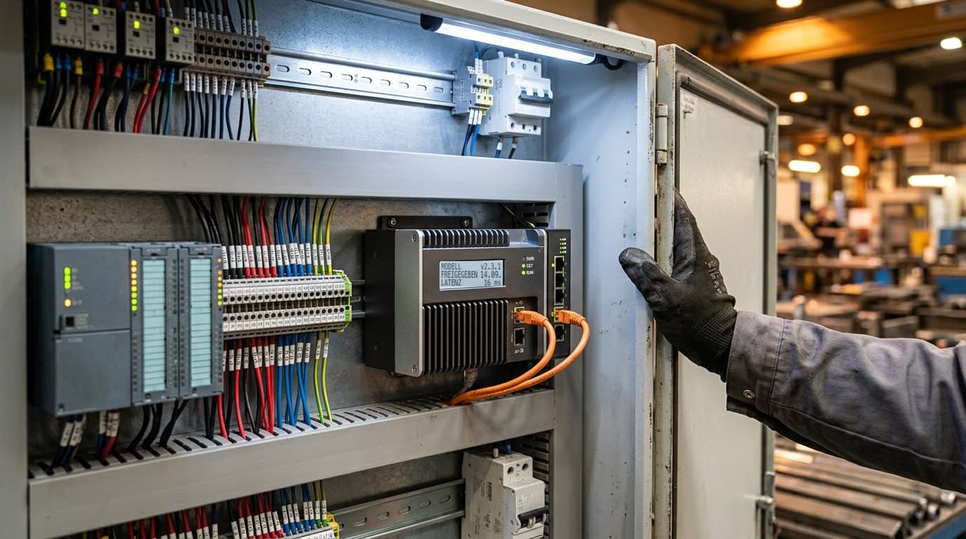 Geöffneter Schaltschrank mit einer Steuerung, Klemmleisten und einem lüfterlosen Industrie-PC auf der Hutschiene. Dessen Display zeigt Modell v2.3.1, freigegeben 14.09., Latenz 16 ms. Ein orangefarbenes Netzwerkkabel führt zum Switch, eine behandschuhte Hand hält die Schranktür