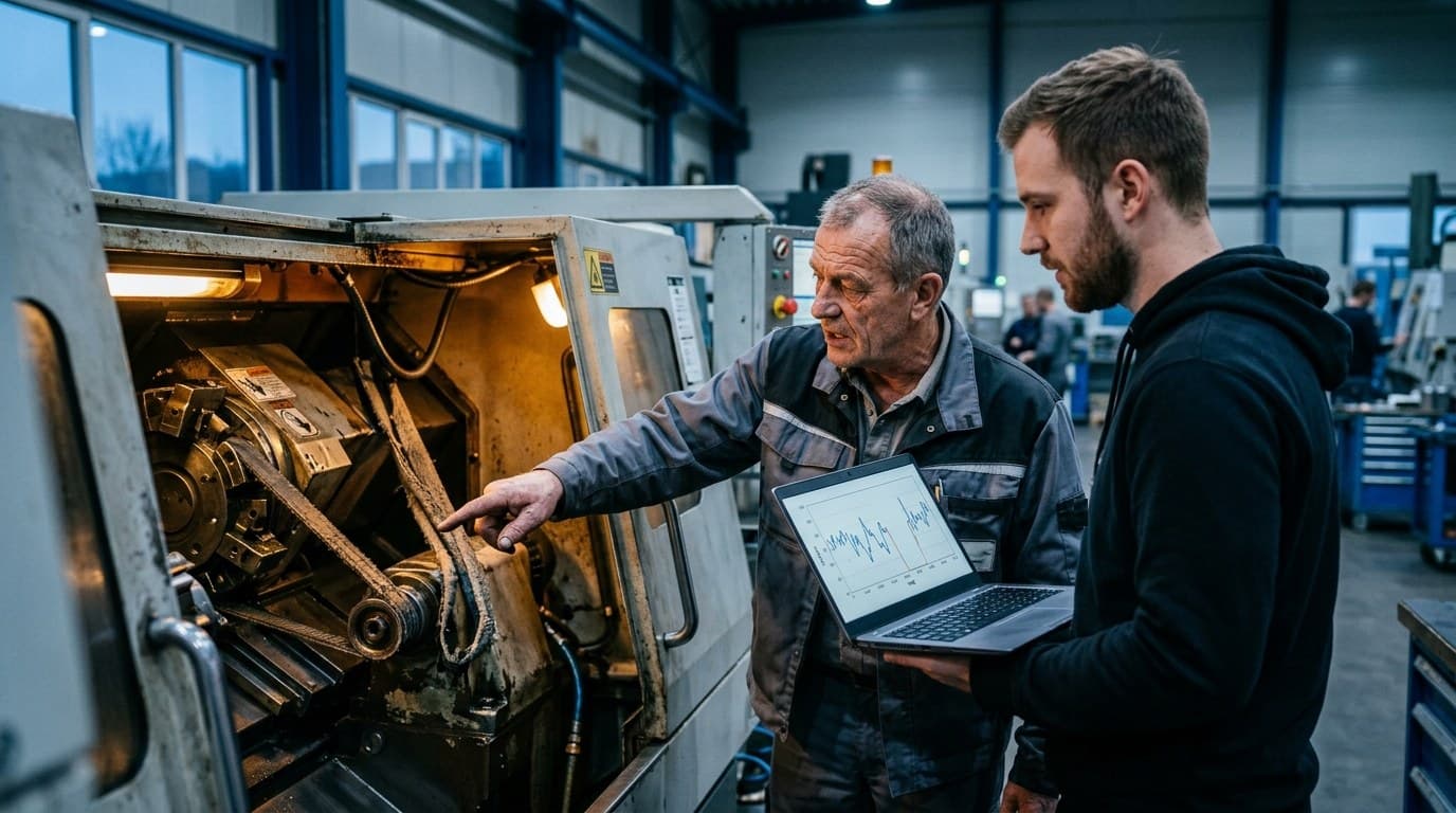 Ein erfahrener Instandhalter in grauer Arbeitsjacke zeigt an einer geöffneten Drehmaschine auf einen verschlissenen Antriebsriemen. Neben ihm hält ein jüngerer Data Scientist im dunklen Hoodie einen Laptop mit einer Kurve aus Sensorwerten