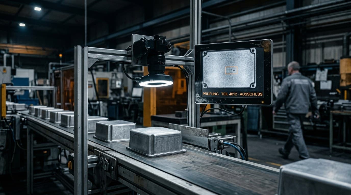 Optische Prüfstation über einem Förderband mit Aluminiumgehäusen: Eine Kamera mit Ringlicht blickt auf die Teile, daneben zeigt ein Monitor ein Gehäuse mit orange markiertem Kratzer und die Meldung Prüfung Teil 4812 Ausschuss. Im Hintergrund geht ein Werker durch die dunkle Halle