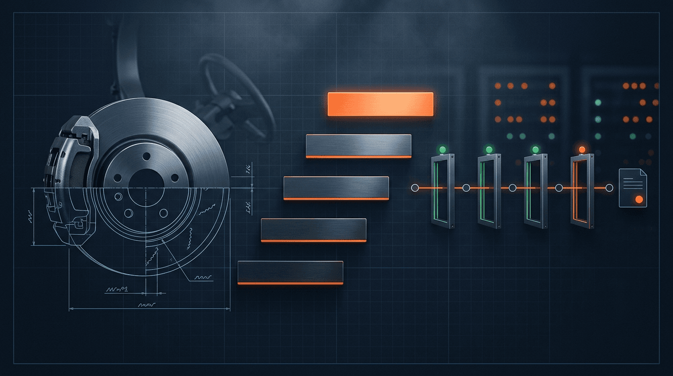 Industrial-Precision-Schema zu ISO 26262: links eine Bremsscheibe als Blueprint-Cutaway, in der Mitte die fünfstufige ASIL-Leiter von QM bis ASIL D, rechts eine CI/CD-Pipeline mit Quality Gates, die in ein signiertes Audit-Artefakt mündet