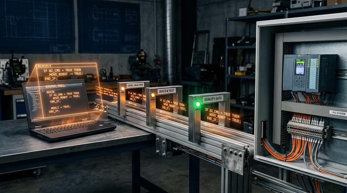 KI-generierter IEC-61131-3-Code wandert vom Laptop über eine CI/CD-Pipeline mit den Stationen Code-Analyse, Build & Test und einem grünen Quality Gate in eine Siemens-SPS im Schaltschrank — KI geht nicht ohne Automatisierung
