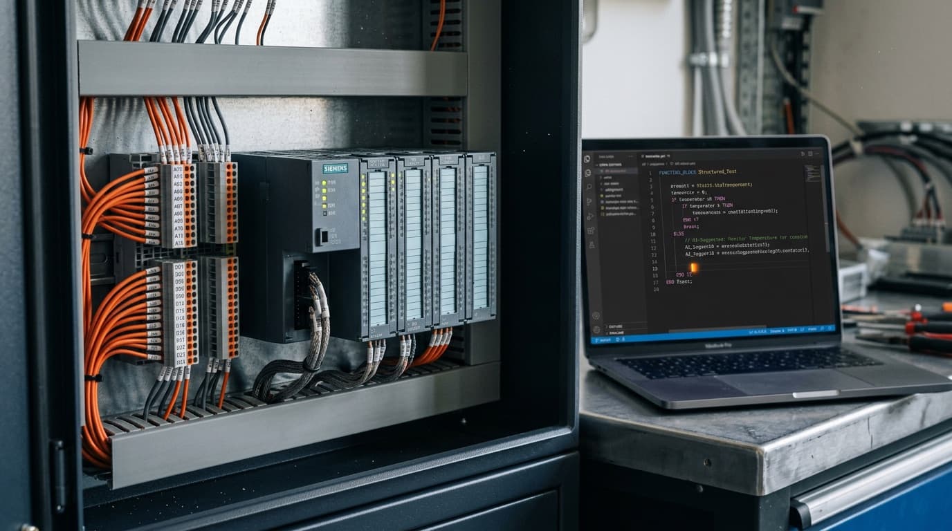 Siemens-S7-Steuerung im Schaltschrank neben einem Laptop mit Structured-Text-Code (IEC 61131-3) — KI-gestützte SPS-Programmierung in der Praxis