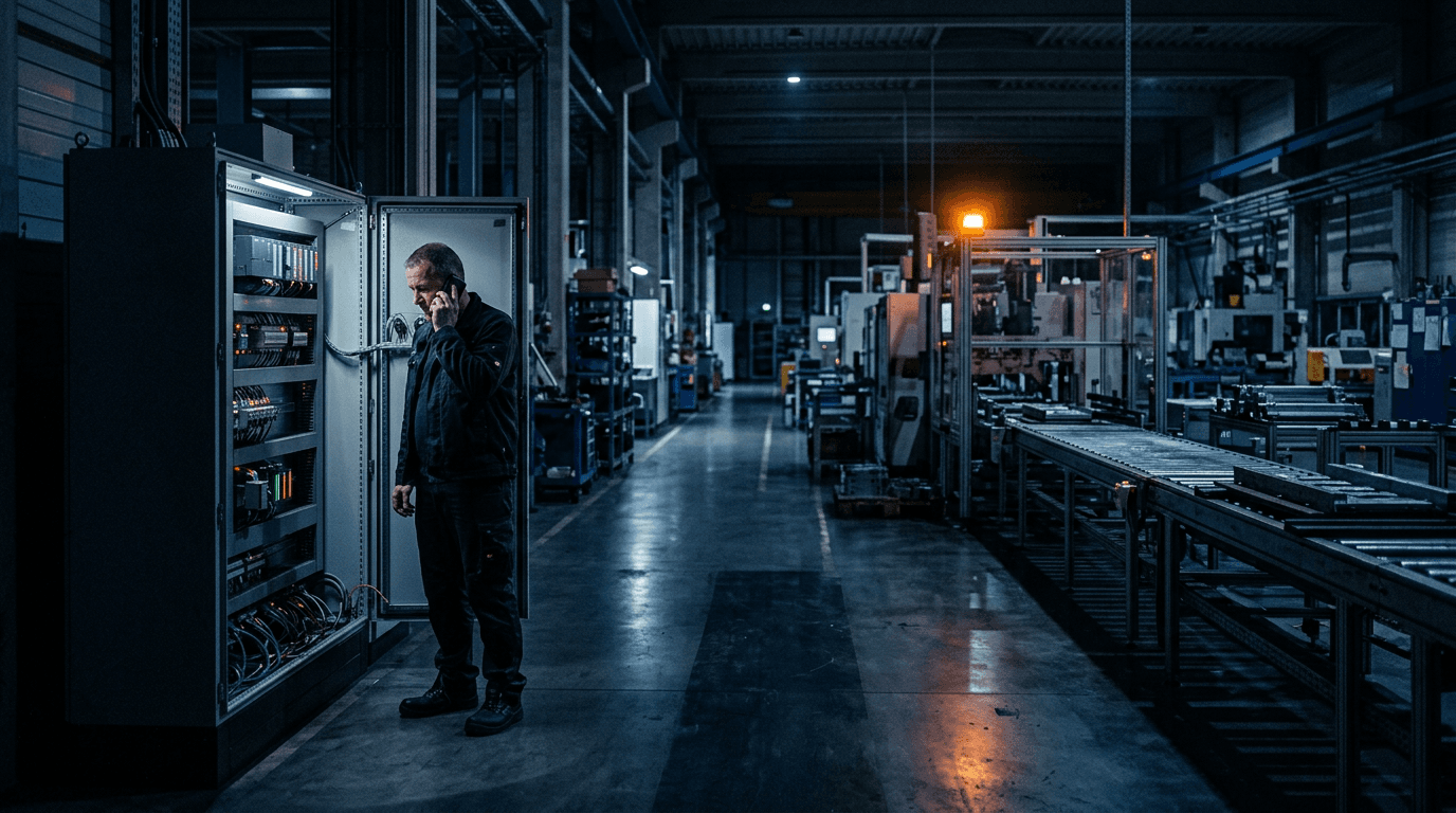Nächtliche Fertigungshalle: Ein Schichtleiter steht telefonierend vor einem geöffneten Schaltschrank mit SPS-Modulen, daneben ruht die Förderstrecke, im Hintergrund leuchtet eine orange Warnleuchte