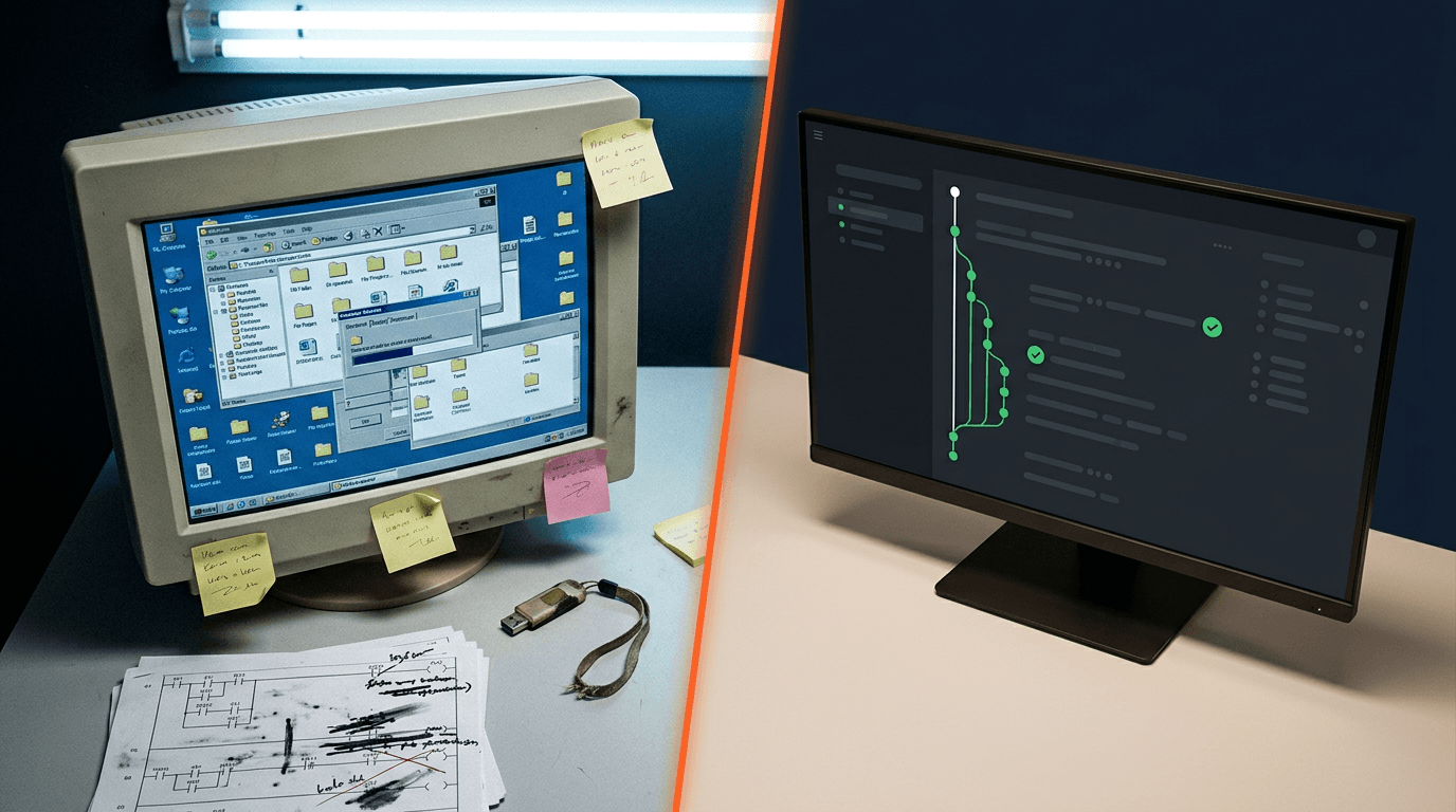 Geteiltes Bild: links ein alter Röhrenmonitor mit verschachtelten Ordnern, Haftnotizen, USB-Stick und handschriftlich korrigiertem Kontaktplan-Ausdruck, rechts ein moderner Monitor mit einer Versionshistorie aus Zweigen und grünen Häkchen, getrennt durch eine orange Linie