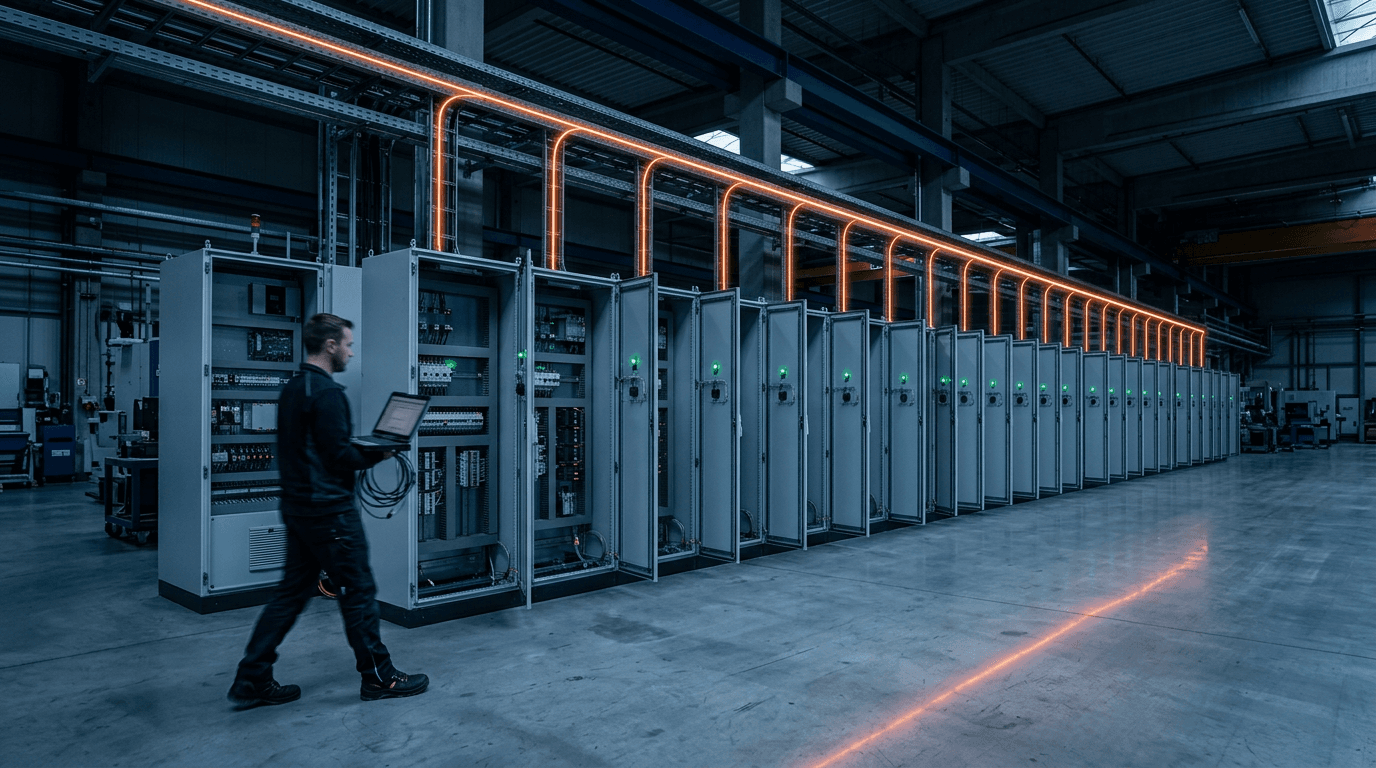 Lange Reihe geöffneter Schaltschränke mit grünen Status-LEDs in einer Fertigungshalle; ein Techniker mit Laptop geht von Schrank zu Schrank, darüber verbindet eine orange leuchtende Leitung alle Schränke