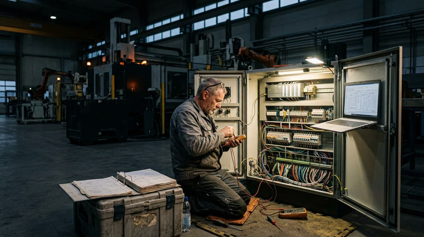 Ein älterer Automatisierungstechniker kniet abends allein in einer dunklen Werkhalle vor einem geöffneten Schaltschrank mit Steuerung und Verdrahtung und misst mit einem Multimeter. Auf einer Werkzeugkiste neben ihm liegen aufgeschlagene Ordner mit handschriftlichen Notizen, an der Schranktür hängt ein Laptop mit Schaltplan