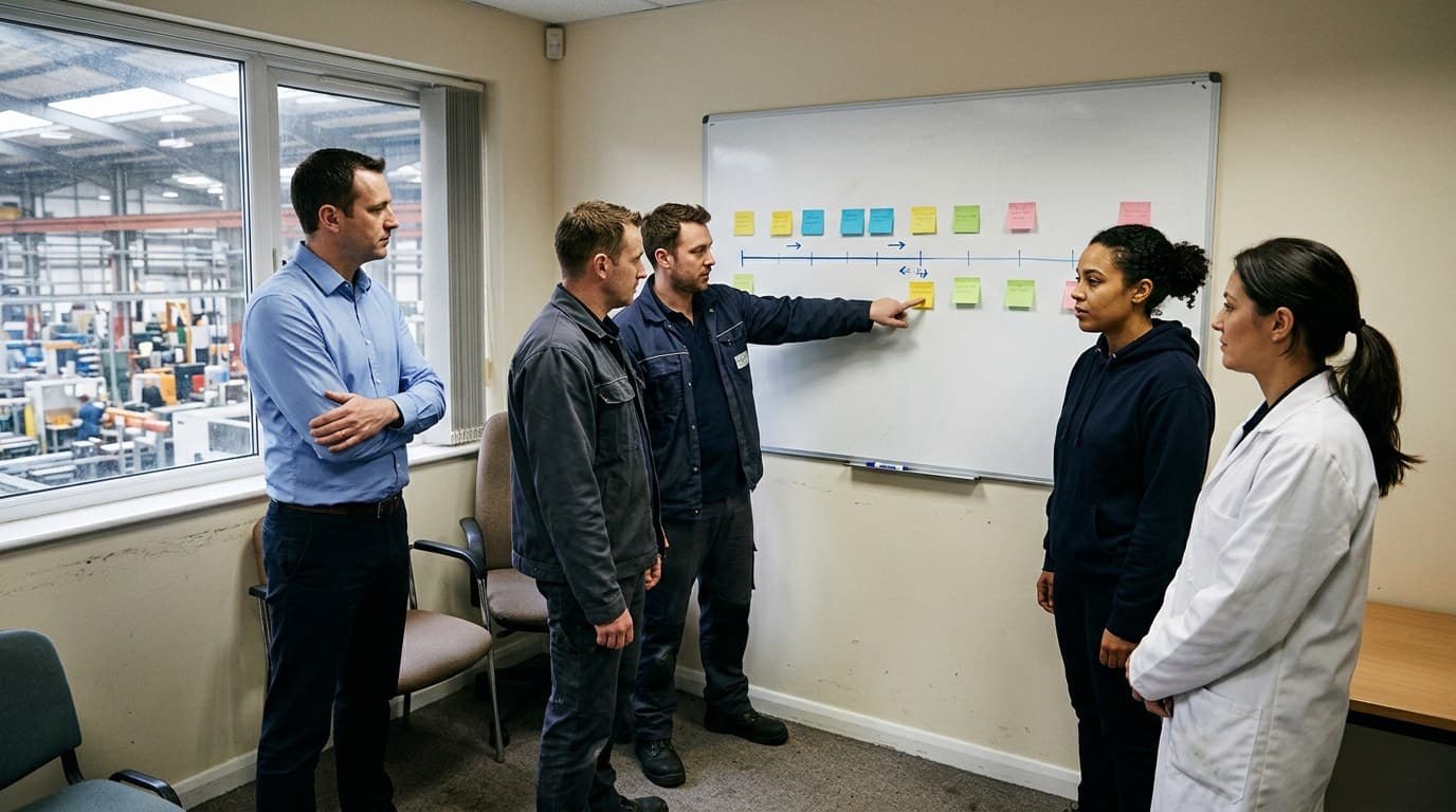 Fünf Personen stehen in einem Besprechungsraum mit Blick auf die Fertigung vor einem Whiteboard mit Zeitstrahl und farbigen Haftnotizen: zwei Techniker in Arbeitsjacken, eine Entwicklerin im dunklen Hoodie, eine Kollegin im weißen Kittel und ein Vorgesetzter im Hemd, der zuhört. Ein Techniker zeigt auf eine Notiz in der Mitte des Zeitstrahls