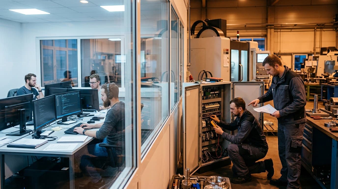 Werkhalle mit einer Glaswand in der Bildmitte. Links sitzen drei Softwareentwickler an Monitoren in einem hellen Büro, rechts misst ein kniender Automatisierungstechniker an einem offenen Schaltschrank, ein Kollege mit Schaltplan steht daneben. Keine der beiden Gruppen schaut zur anderen