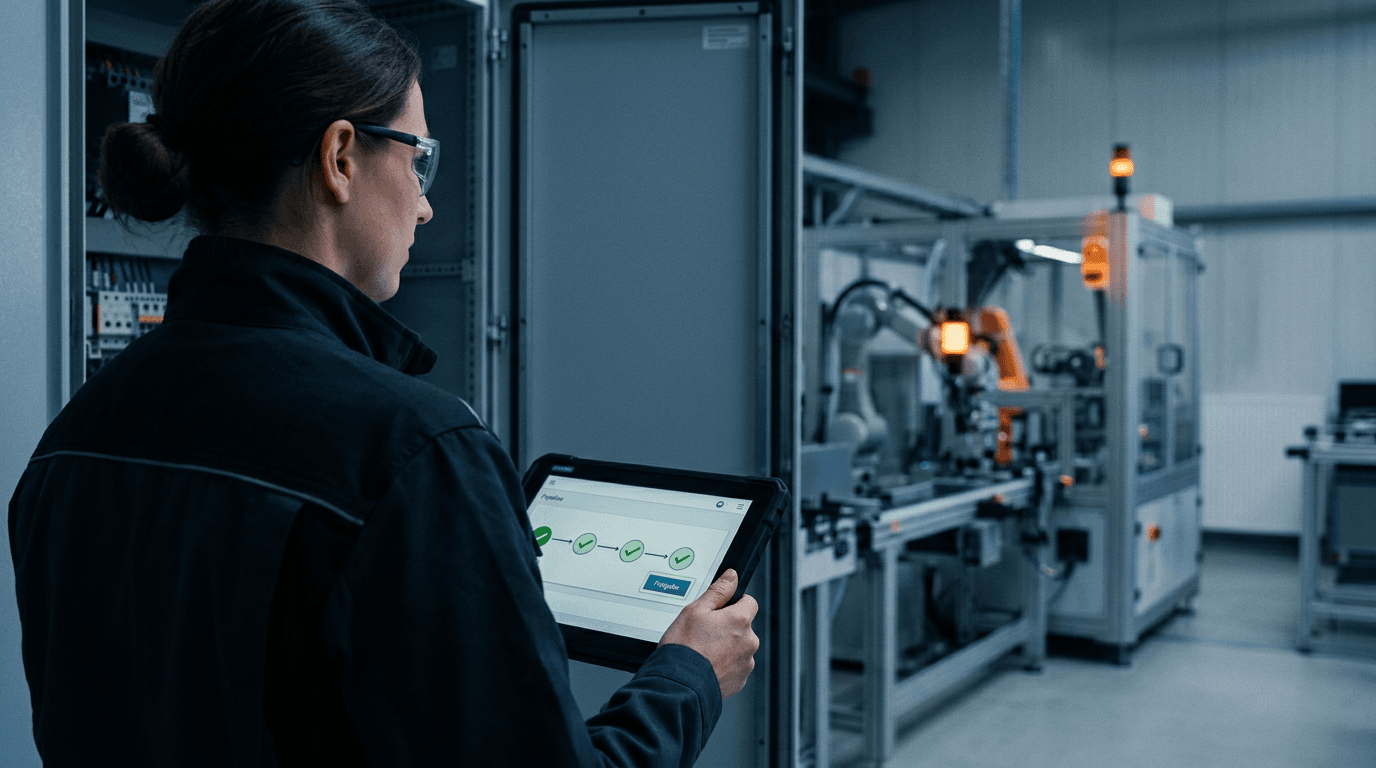 Automatisierungsingenieurin mit Schutzbrille am geöffneten Schaltschrank, auf dem Tablet eine Pipeline mit vier grünen Prüfschritten und der Schaltfläche Freigabe, dahinter eine Roboterzelle mit orangefarbener Signalleuchte