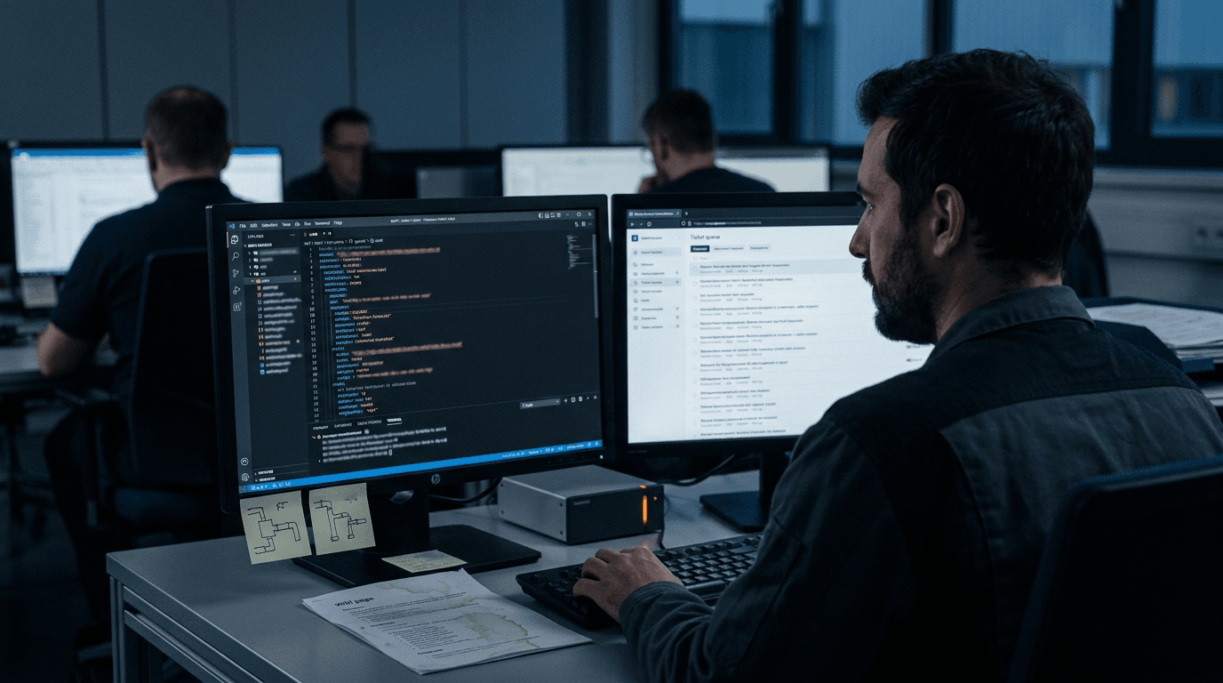 Entwickler im Büro am späten Nachmittag: links eine lange YAML-Datei im Editor, rechts eine Ticket-Queue mit offenen Infrastruktur-Anfragen, am Monitor Haftnotizen mit skizzierten Pipelines