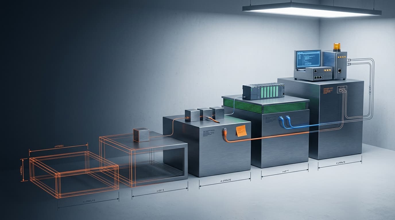 Fünf ansteigende Podeste: das linke nur als orange Drahtgitter ohne Inhalt, die folgenden zunehmend massiv aus gebürstetem Stahl und dichter bestückt, bis hin zu SPS-Baugruppen mit grünen Status-LEDs, einem Bildschirm und einer Signalleuchte; ein oranges Patchkabel läuft über die Stufen zurück