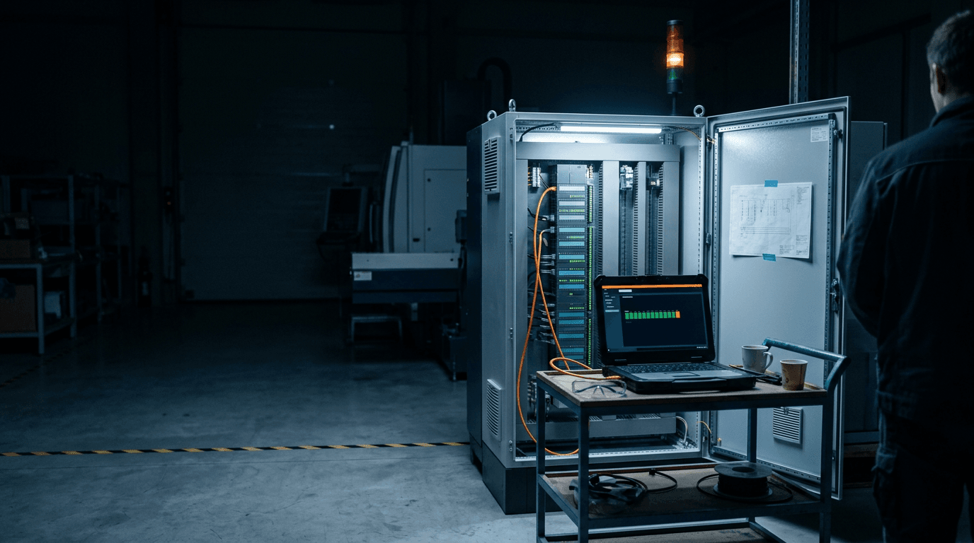 Nachts in einer dunklen Fertigungshalle steht ein Schaltschrank offen, innen SPS-Baugruppen mit grünen Status-LEDs und ein oranges Patchkabel zu einem robusten Laptop auf einem Servicewagen; auf dem Schrank eine rot-gelb-grüne Signalsäule mit gelber Lampe, am Boden gelb-schwarzes Absperrband, die Maschine dahinter steht still