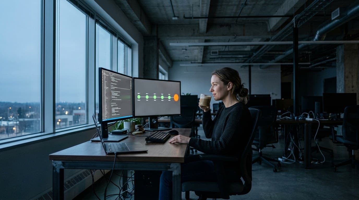 Eine Ingenieurin mit Kaffeeglas vor zwei Monitoren am Fenster. Links eine lange Komponentenliste, rechts eine Pipeline mit grünen Statuspunkten, die in einem orangen Punkt endet