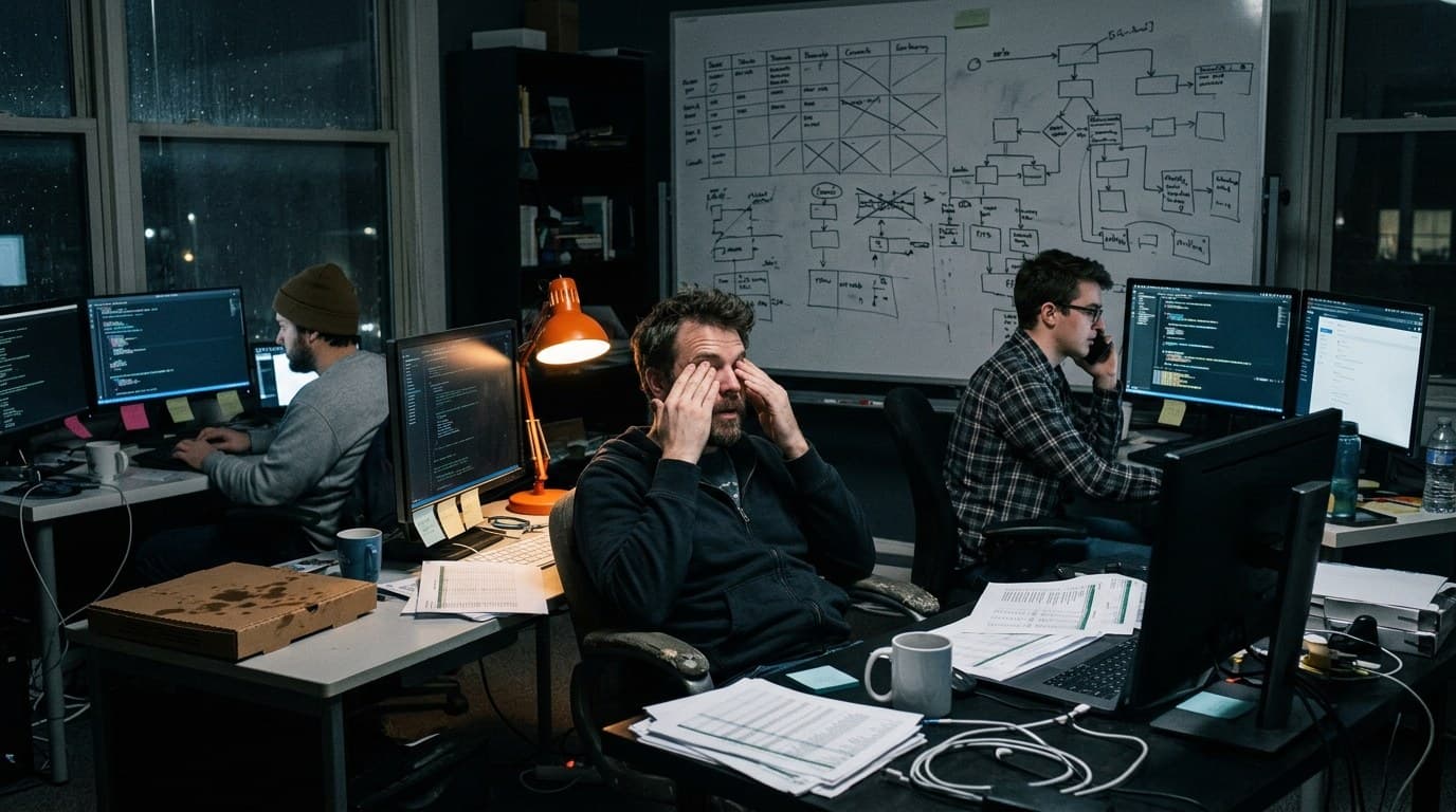 Drei erschöpfte Entwickler spätabends im Büro: einer reibt sich die Augen, einer telefoniert, einer tippt. Dahinter ein Whiteboard voller durchgestrichener Tabellen, auf den Tischen ausgedruckte Listen und ein leerer Pizzakarton